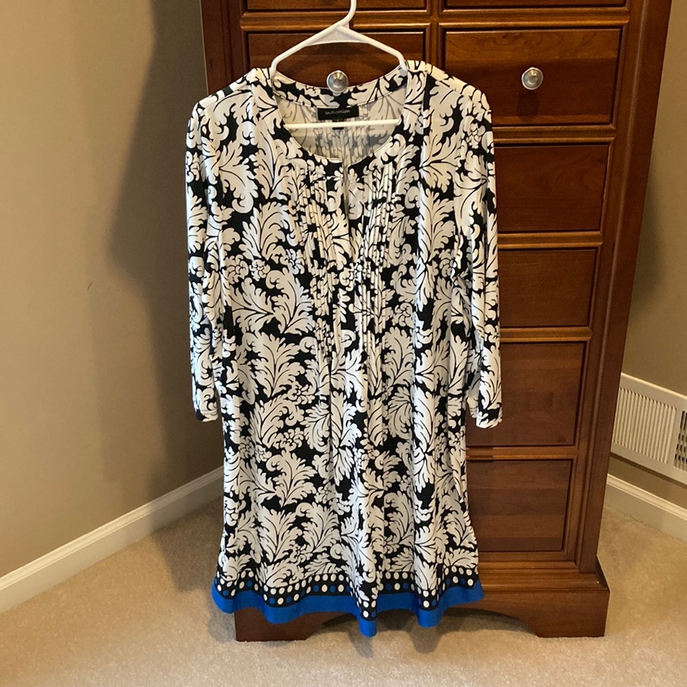 Indication women’s long sleeve dress, black, white & blue polka dot trim, large